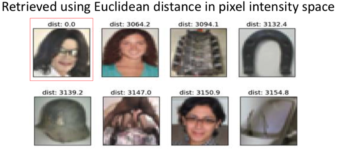 Retrieved using Euclidean distance in pixel intensity space. 左上角红框里的是用来搜索的图片,其它是单纯用像素欧氏距离检索出的近似图片,dist 的数值越小表示越相似。Images from Hinton’s slides on Coursera. Reference: Krizhevsky, Alex, and Geoffrey E. Hinton. “Using very deep autoencoders for content-based image retrieval.” ESANN. 2011.